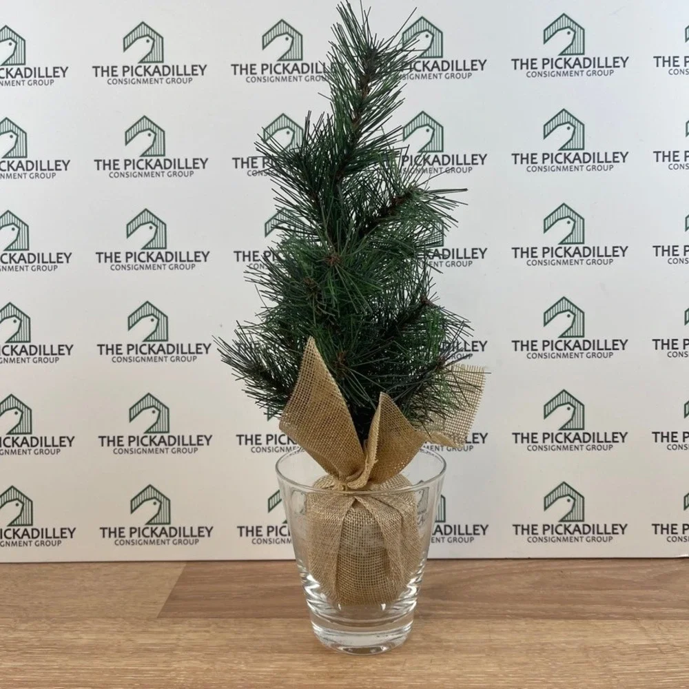 Mini Artificial Pine Tree in Glass Vase Burlap Wrapped Base Rustic Decor 13in